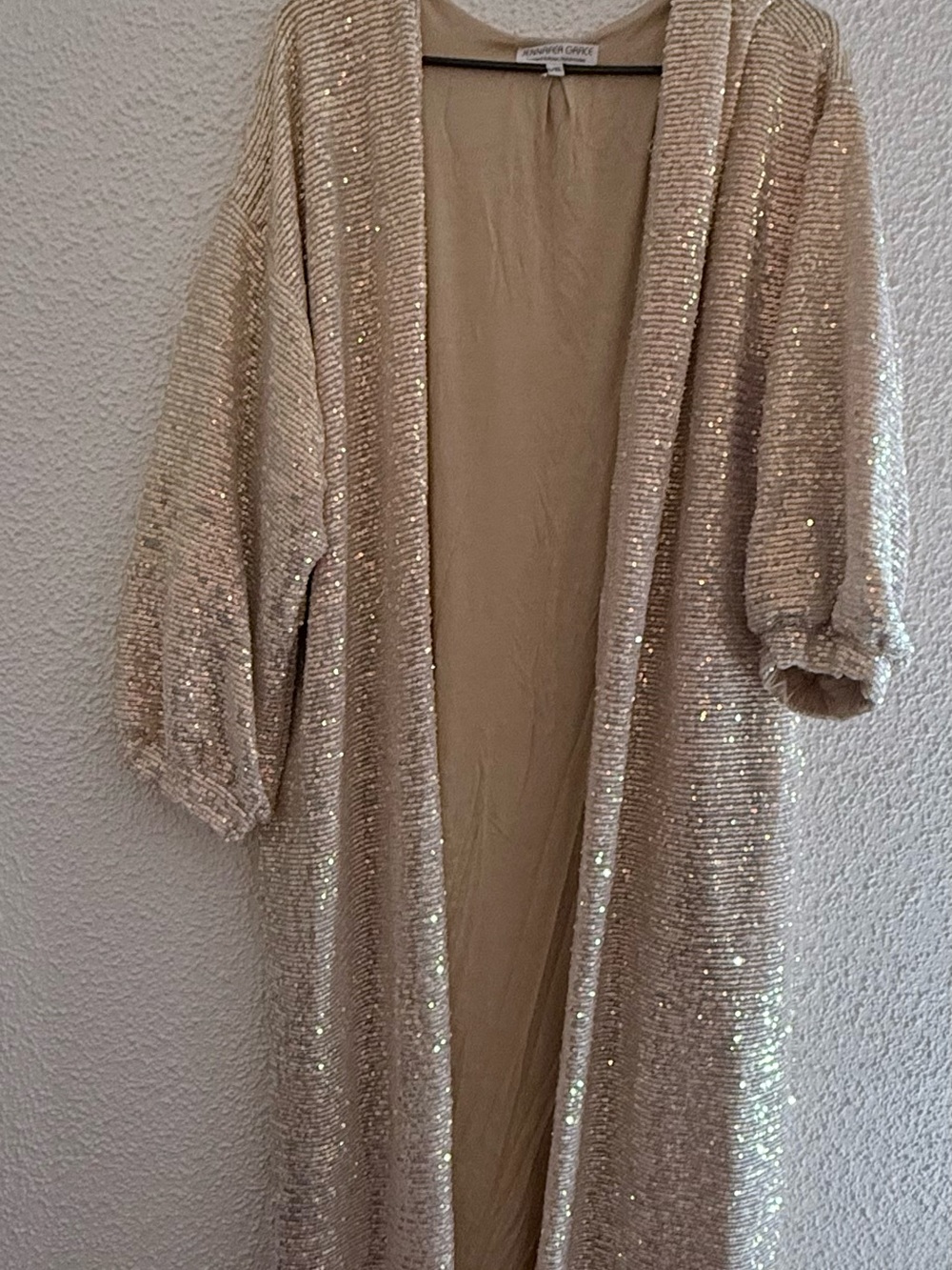 Sequin Embellished Long Open-Front Cardigan - Cream